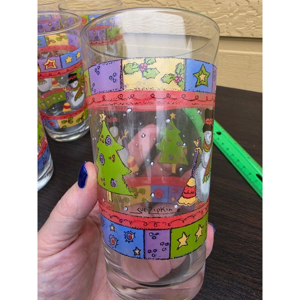 Sue Zipkin Snowman Christmas‎ Glass Tumblers Set of 12 Holiday Drinking Glasses